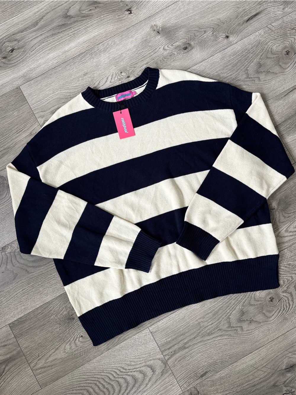 NWT Edikted Navy and White Striped 100% Cotton Knit Crewneck Sweater - Women’s L